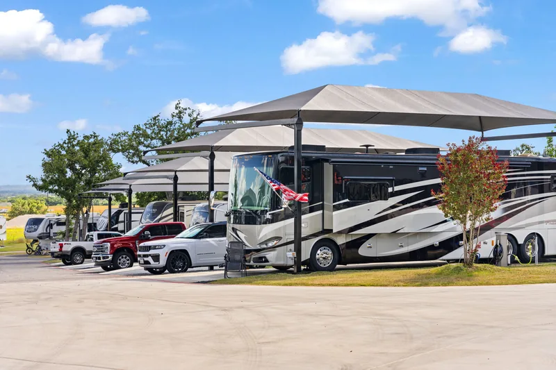 RV resort with covered parking spaces and landscaped facilities