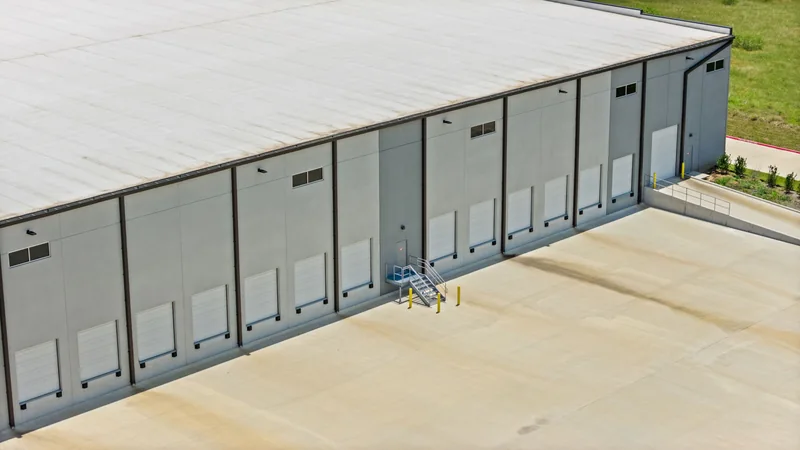 Warehouse building with a row of loading doors and a broad paved forecourt
