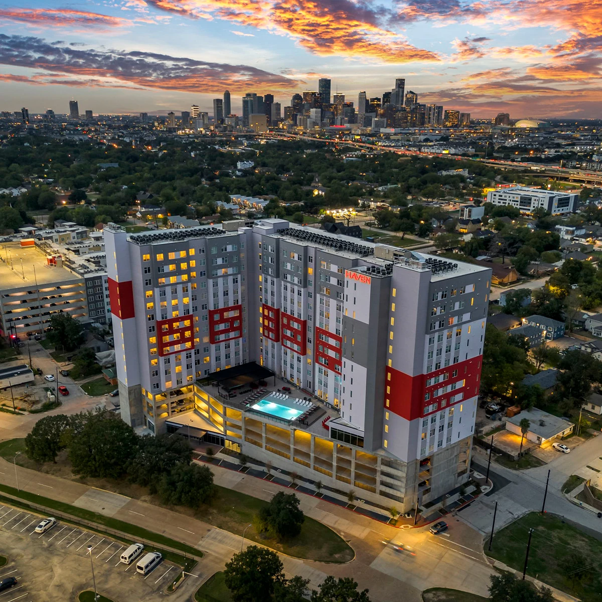 Multifamily property and surrounding area seen from above