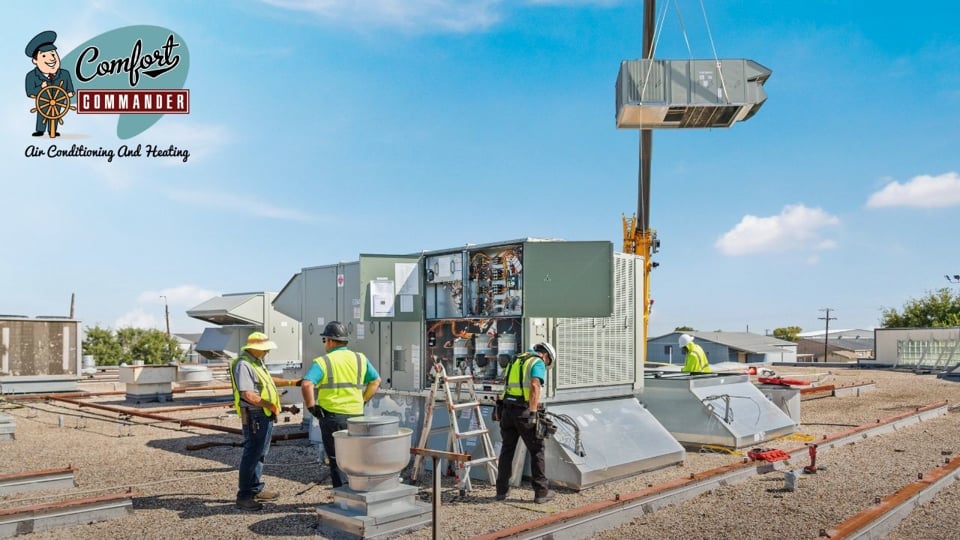 Comfort Commander team working on a commercial rooftop