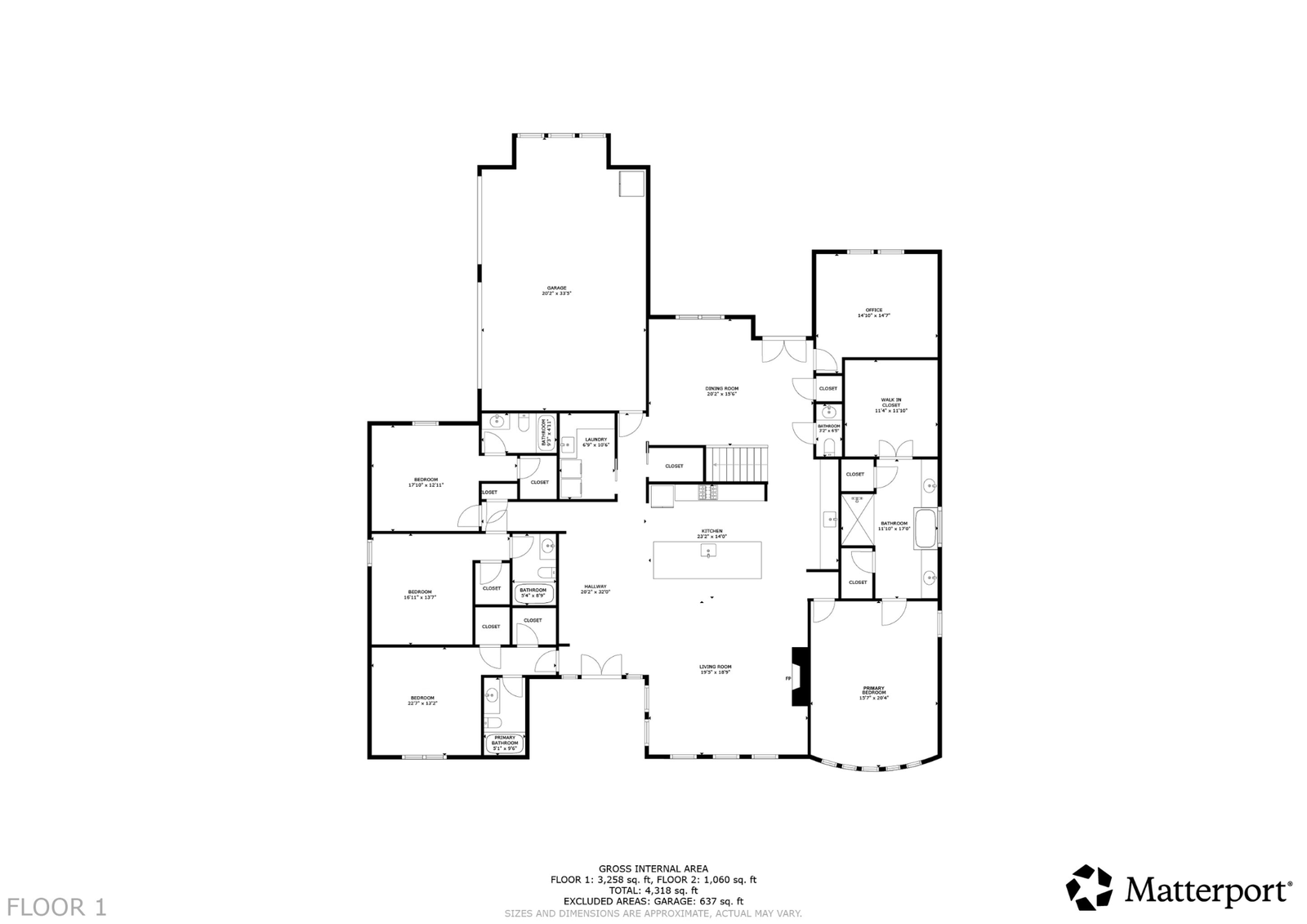 A Matterport floor plan showing room labels and dimensions