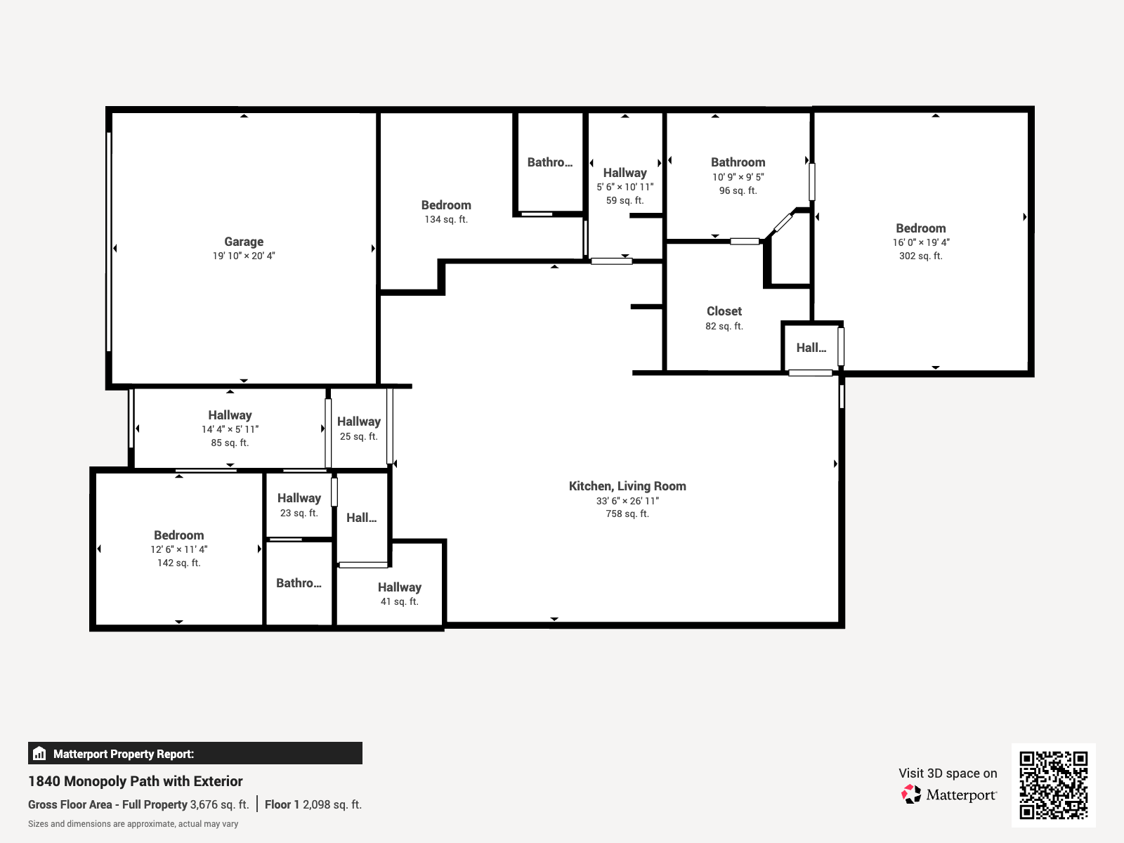 Floor 1 Matterport report showing garage, kitchen and living room, bedrooms and bathrooms