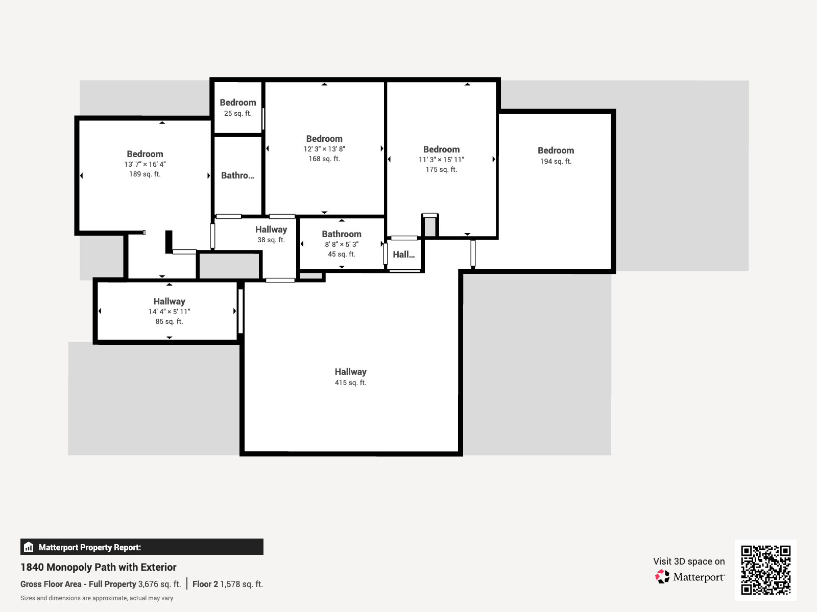 Floor 2 Matterport report showing bedrooms, bathrooms and connecting hallways