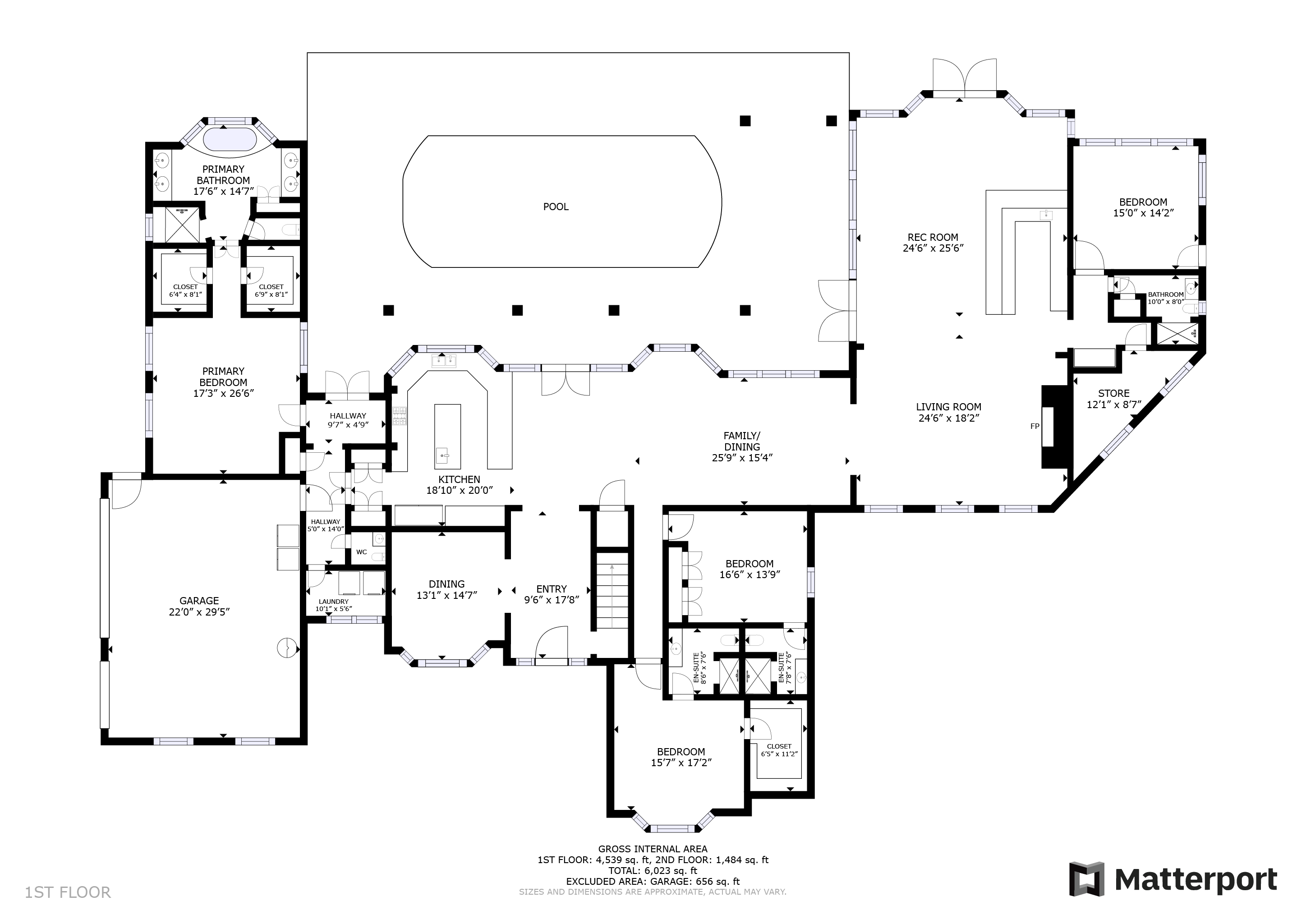 119 Wilderness Drive main-level floor plan showing the pool, kitchen, living areas, bedrooms and garage