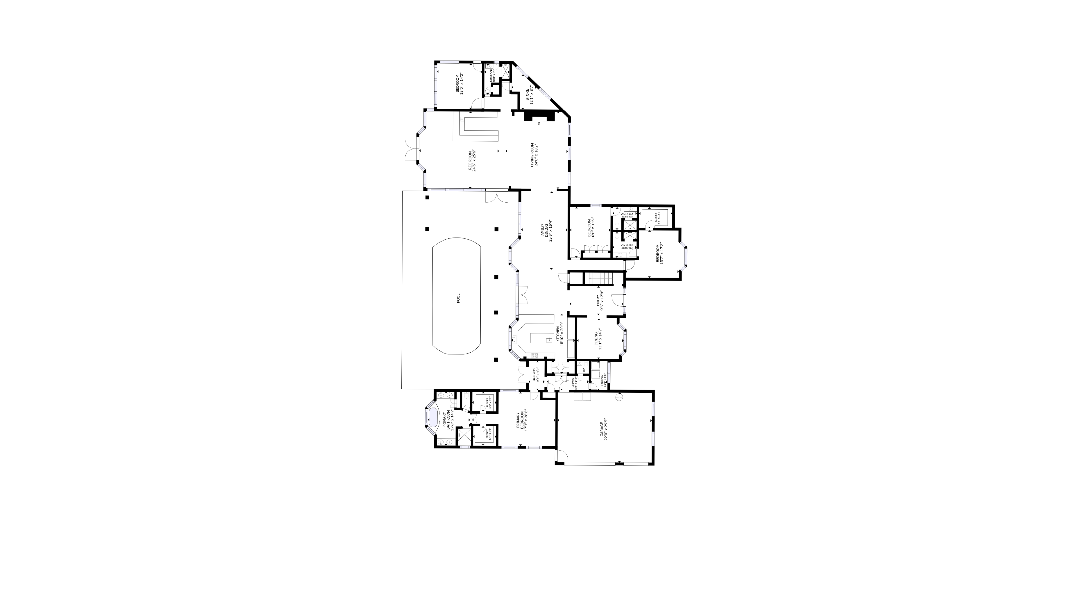 Matched floor plan of the same lakeside property, showing rooms, pool and garage