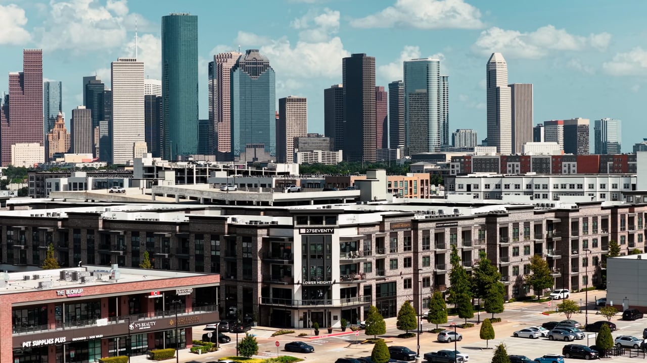 Aerial view of 27Seventy Apartments and the skyline from the header film