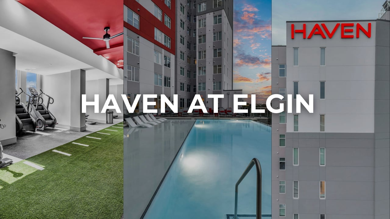 Apartments, fitness room and pool in the Haven at Elgin header video poster