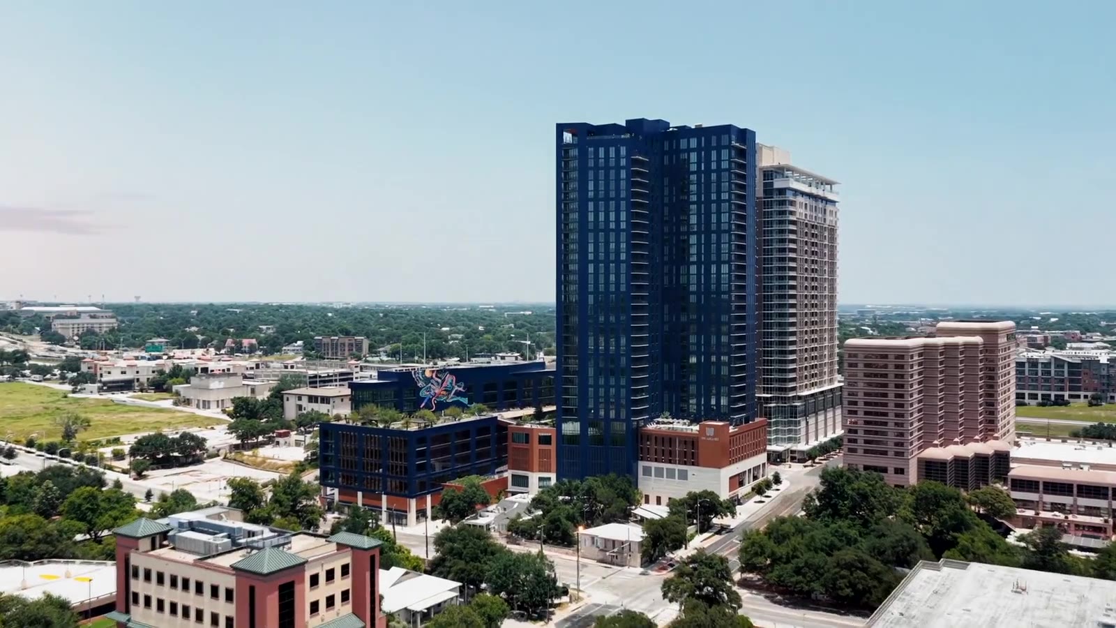 The Waller apartment tower and surrounding Austin streets