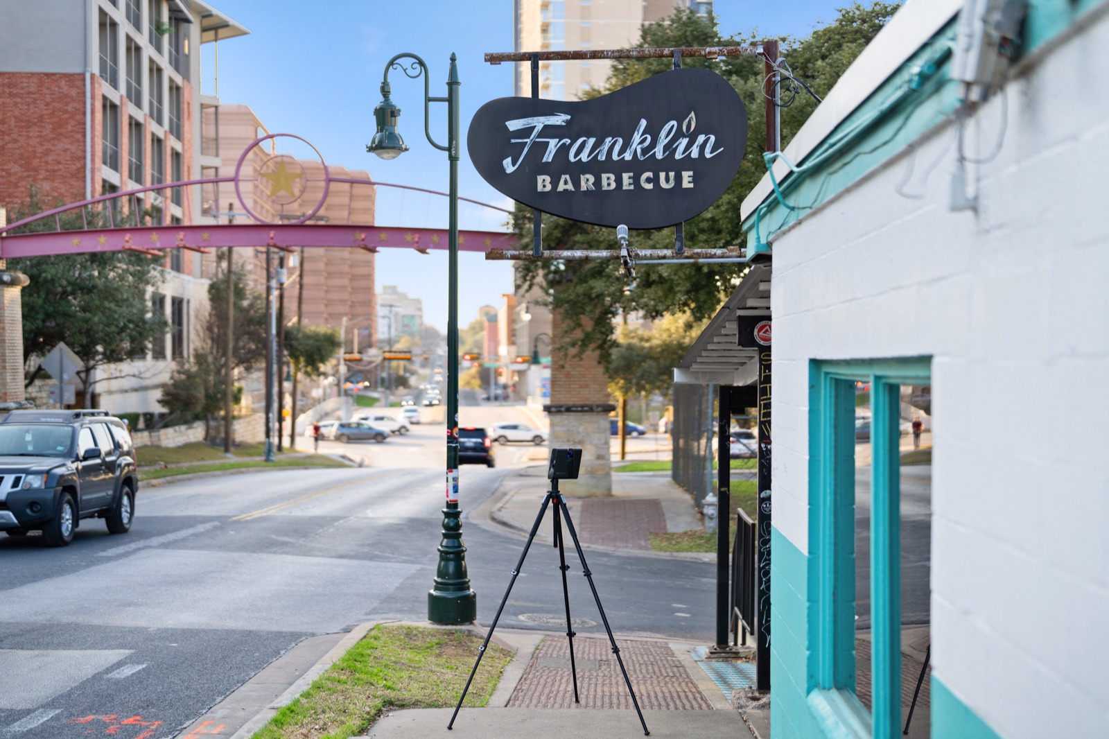 A 360-degree camera outside Franklin Barbecue in Austin