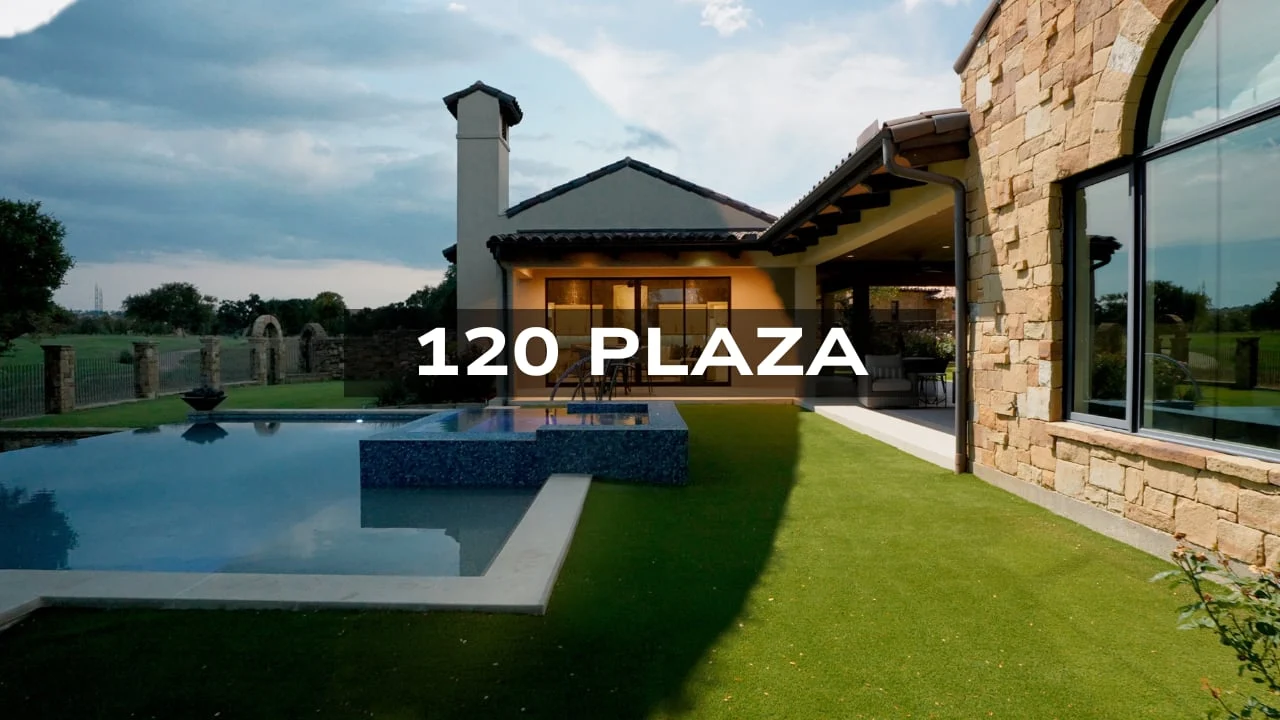 Pool, patio and home at 120 Plaza, from the property film
