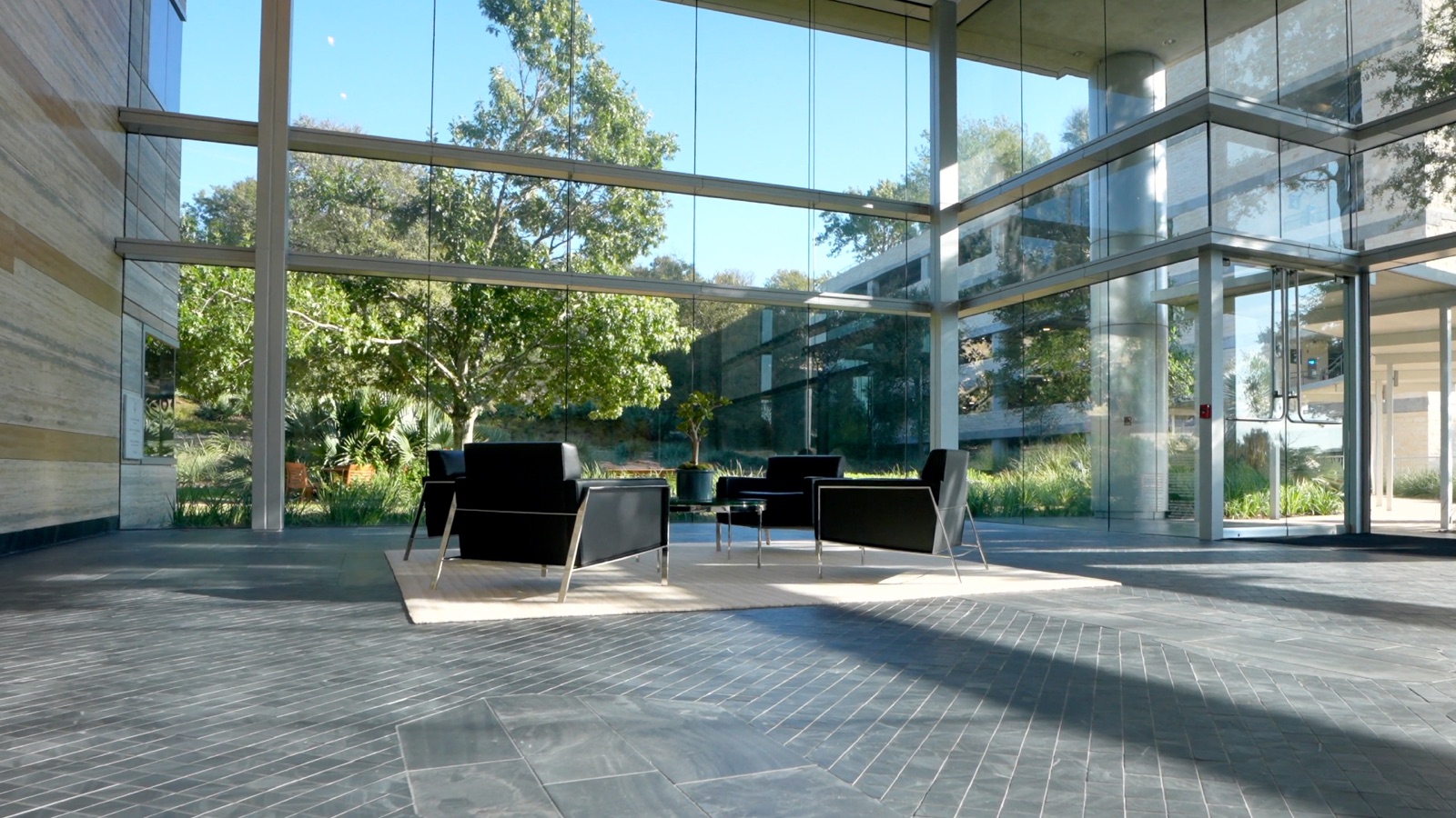 Glass-walled lobby of a commercial property