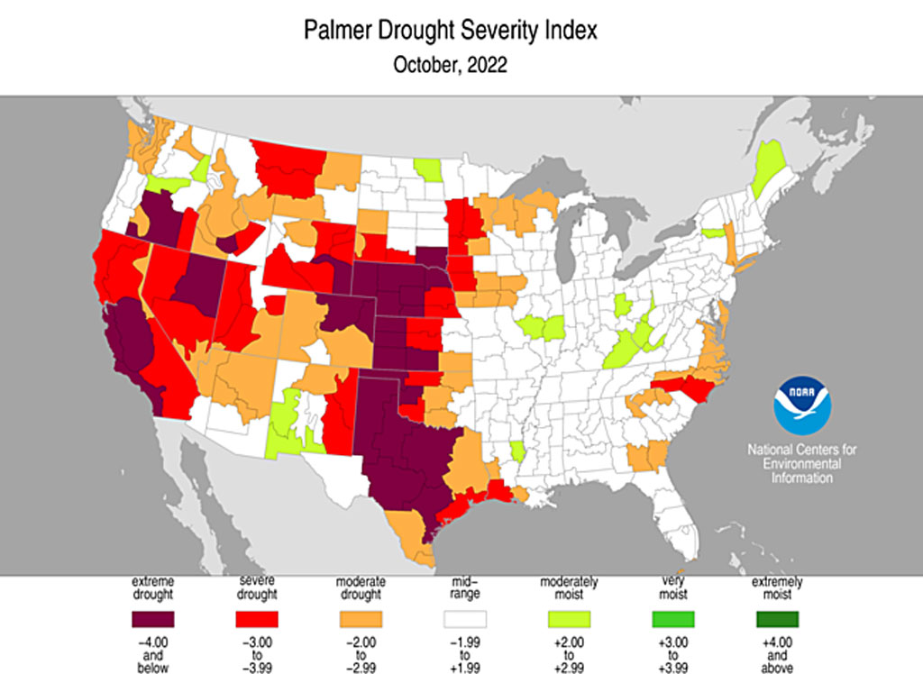 Palmer Hydrological Index for Texas October 2022