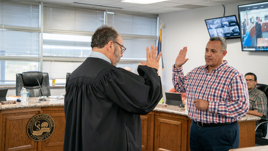Granite Shoals Municipal Judge Frank Reilly and Mayor Aaron Garcia