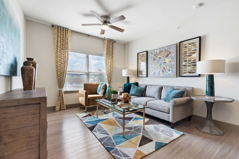 Staged living room in an apartment model unit