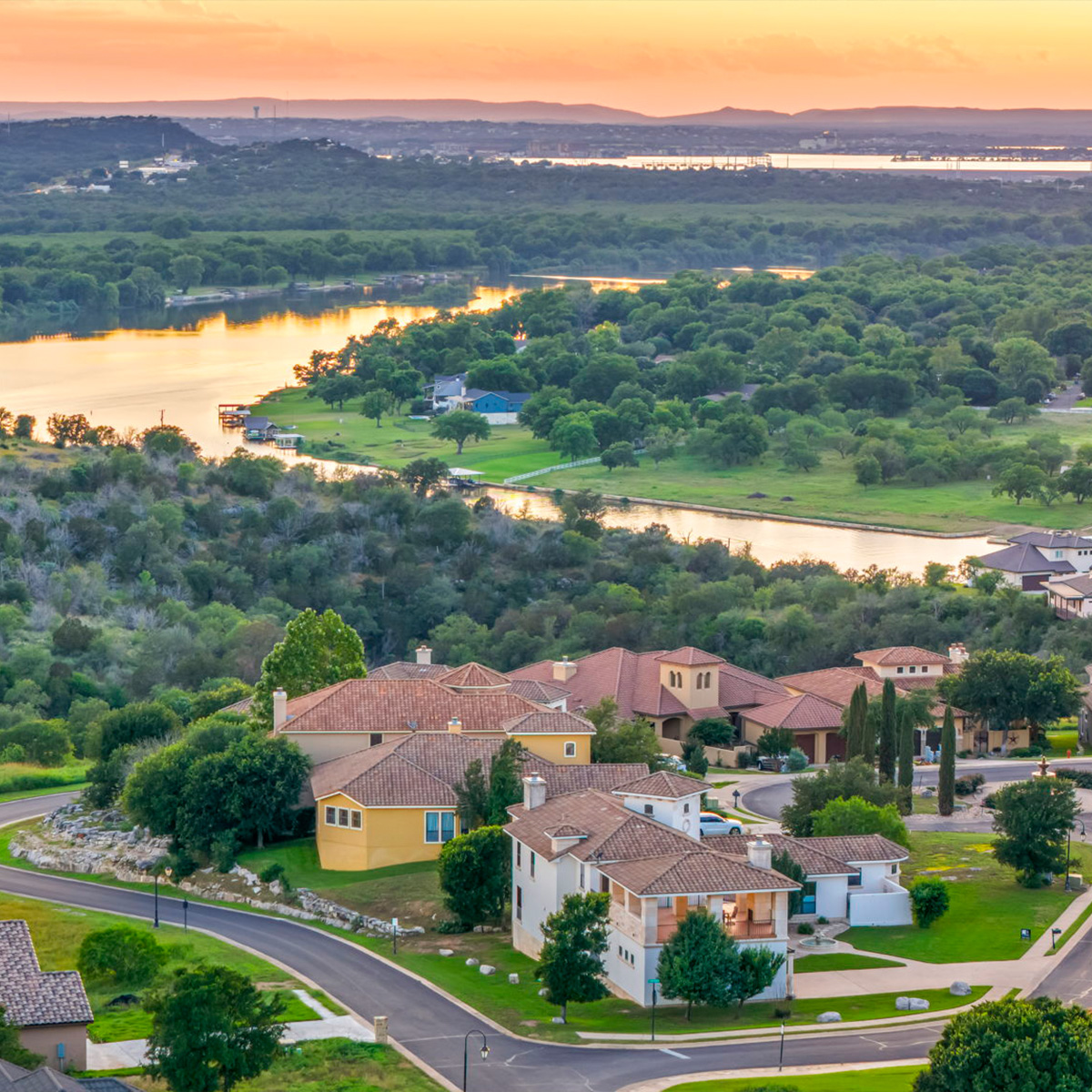 Aerial view of Central Texas homes and the landscape around them